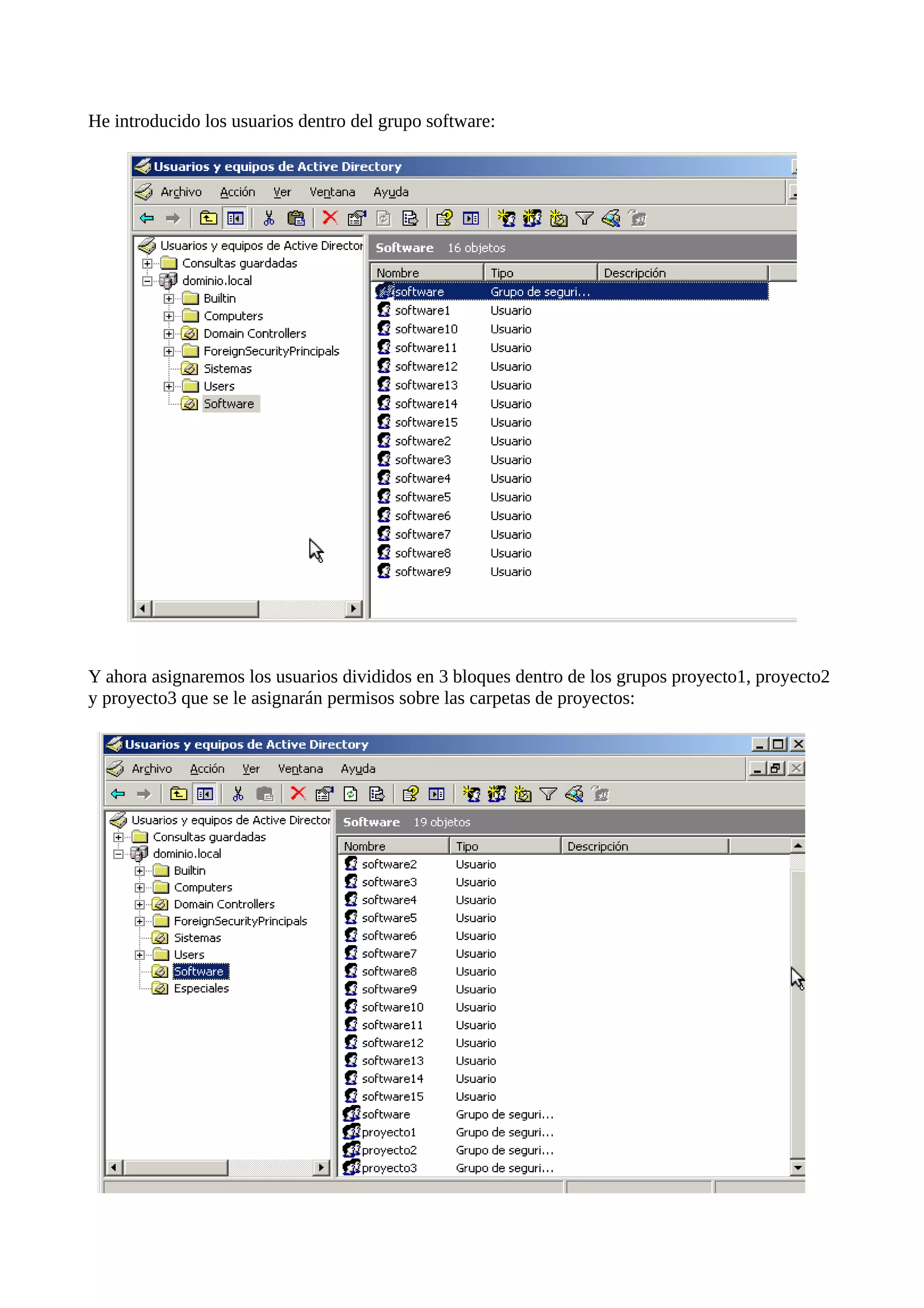 He introducido los usuarios dentro del grupo software:




Y ahora asignaremos los usuarios divididos en 3 bloques dentro de los grupos proyecto1, proyecto2
y proyecto3 que se le asignarán permisos sobre las carpetas de proyectos:
 