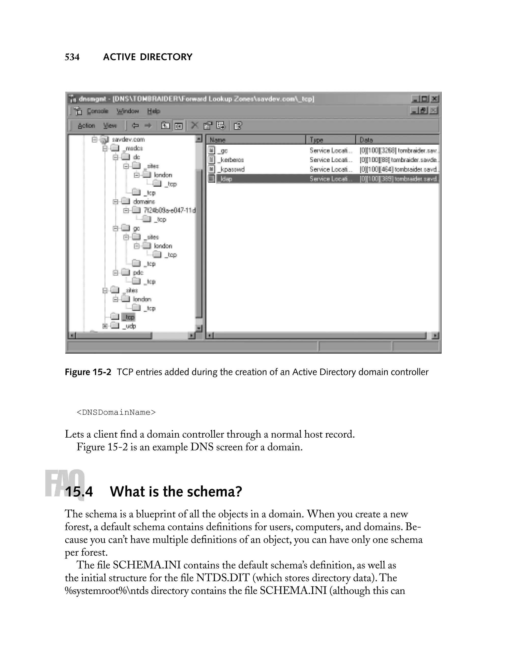 534

ACTIVE DIRECTORY

Figure 15-2 TCP entries added during the creation of an Active Directory domain controller

<DNSDomainName>

Lets a client ﬁnd a domain controller through a normal host record.
Figure 15-2 is an example DNS screen for a domain.

FAQ

15.4

What is the schema?

The schema is a blueprint of all the objects in a domain. When you create a new
forest, a default schema contains deﬁnitions for users, computers, and domains. Because you can’t have multiple deﬁnitions of an object, you can have only one schema
per forest.
The ﬁle SCHEMA.INI contains the default schema’s deﬁnition, as well as
the initial structure for the ﬁle NTDS.DIT (which stores directory data). The
%systemroot%ntds directory contains the ﬁle SCHEMA.INI (although this can

 