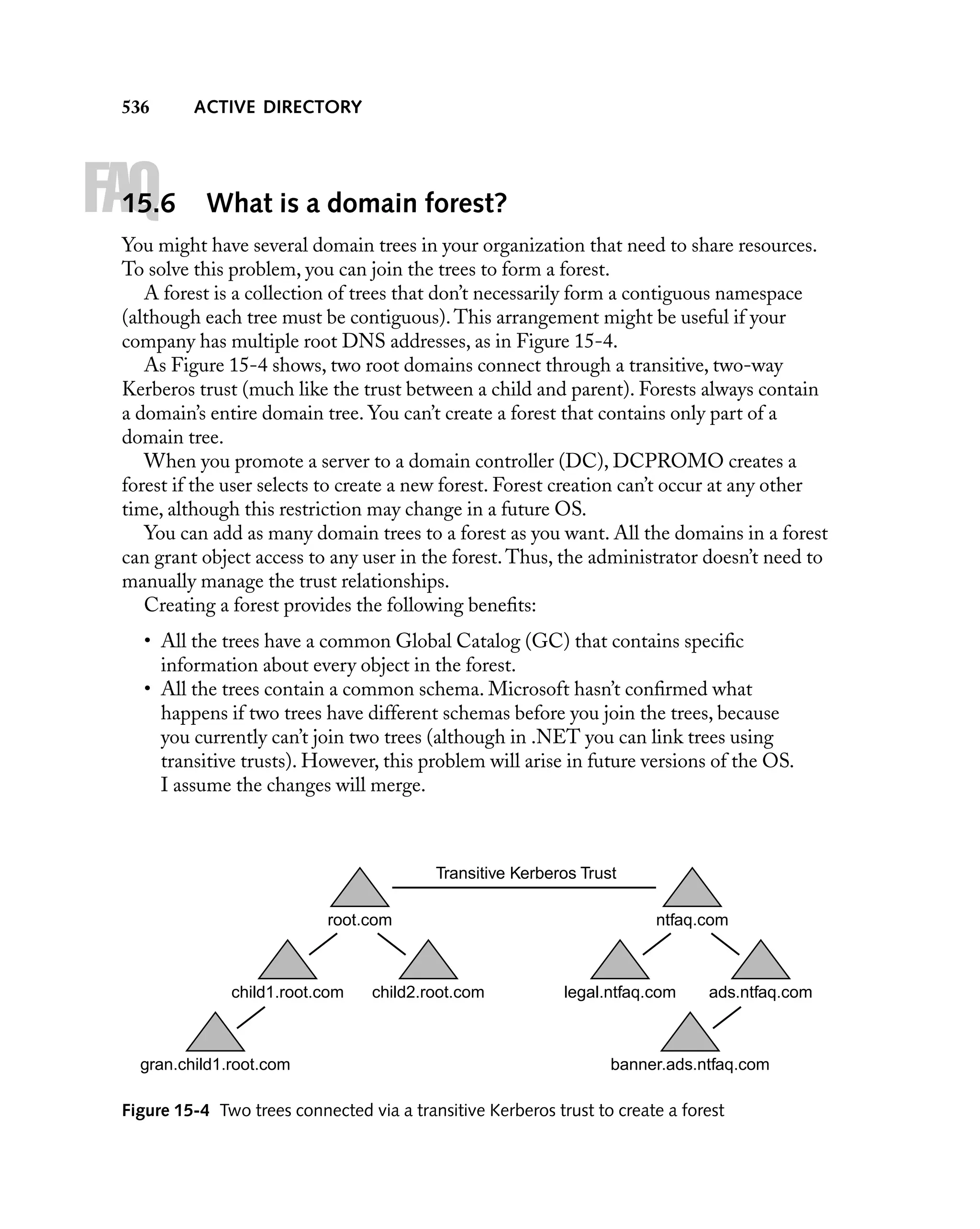 536

FAQ

15.6

ACTIVE DIRECTORY

What is a domain forest?

You might have several domain trees in your organization that need to share resources.
To solve this problem, you can join the trees to form a forest.
A forest is a collection of trees that don’t necessarily form a contiguous namespace
(although each tree must be contiguous). This arrangement might be useful if your
company has multiple root DNS addresses, as in Figure 15-4.
As Figure 15-4 shows, two root domains connect through a transitive, two-way
Kerberos trust (much like the trust between a child and parent). Forests always contain
a domain’s entire domain tree. You can’t create a forest that contains only part of a
domain tree.
When you promote a server to a domain controller (DC), DCPROMO creates a
forest if the user selects to create a new forest. Forest creation can’t occur at any other
time, although this restriction may change in a future OS.
You can add as many domain trees to a forest as you want. All the domains in a forest
can grant object access to any user in the forest. Thus, the administrator doesn’t need to
manually manage the trust relationships.
Creating a forest provides the following beneﬁts:
• All the trees have a common Global Catalog (GC) that contains speciﬁc
information about every object in the forest.
• All the trees contain a common schema. Microsoft hasn’t conﬁrmed what
happens if two trees have different schemas before you join the trees, because
you currently can’t join two trees (although in .NET you can link trees using
transitive trusts). However, this problem will arise in future versions of the OS.
I assume the changes will merge.

Transitive Kerberos Trust
root.com

child1.root.com

gran.child1.root.com

child2.root.com

ntfaq.com

legal.ntfaq.com

ads.ntfaq.com

banner.ads.ntfaq.com

Figure 15-4 Two trees connected via a transitive Kerberos trust to create a forest

 