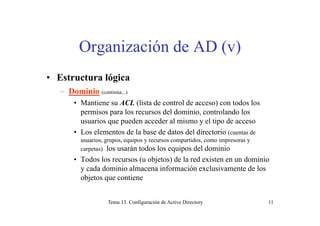 Organización de AD (v)
• Estructura lógica
– Dominio (continúa...)
• Mantiene su ACL (lista de control de acceso) con todos los
permisos para los recursos del dominio controlando lospermisos para los recursos del dominio, controlando los
usuarios que pueden acceder al mismo y el tipo de acceso
• Los elementos de la base de datos del directorio (cuentas de
i i tid iusuarios, grupos, equipos y recursos compartidos, como impresoras y
carpetas) los usarán todos los equipos del dominio
• Todos los recursos (u objetos) de la red existen en un dominio
y cada dominio almacena información exclusivamente de los
objetos que contiene
Tema 13. Configuración de Active Directory 11
 