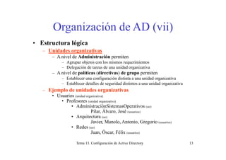 Organización de AD (vii)Organización de AD (vii)
• Estructura lógicaEstructura lógica
– Unidades organizativas
– A nivel de Administración permiten
Agrupar objetos con los mismos requerimientos– Agrupar objetos con los mismos requerimientos
– Delegación de tareas de una unidad organizativa
– A nivel de políticas (directivas) de grupo permiten
– Establecer una configuración distinta a una unidad organizativag g
– Establecer detalles de seguridad distintos a una unidad organizativa
– Ejemplo de unidades organizativas
• Usuarios (unidad organizativa)
• Profesores (unidad organizativa)
• AdministraciónSistemasOperativos (uo)
Pilar, Álvaro, José (usuarios)
• Arquitectura ( )• Arquitectura (uo)
Javier, Manolo, Antonio, Gregorio (usuarios)
• Redes (uo)
Juan, Óscar, Félix (usuarios)
Tema 13. Configuración de Active Directory 13
, ,
 