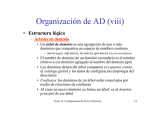 Organización de AD (viii)
• Estructura lógica
– Árboles de dominio
U á b l d d i i ió d á• Un árbol de dominio es una agrupación de uno o más
dominios que comparten un espacio de nombres continuo
– aso.es (ppal), sup.aso.es, sis.aso.es, ges.aso.es (el resto secundarios)
l b d d i i d d i i d i l b• El nombre de dominio de un dominio secundario es el nombre
relativo a ese dominio agregado al nombre del dominio ppal
• Los dominios dentro del árbol comparten el esquema común,
el catálogo global y los datos de configuración (topología del
directorio)
• Confianza: los dominios de un árbol están conectados porf p
medio de relaciones de confianza
• Al crear un nuevo dominio ya forma un árbol: es el dominio
principal de ese árbol
Tema 13. Configuración de Active Directory 14
p p
 