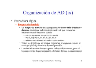 O i ió d A (i )Organización de AD (ix)
• Estructura lógica
– Bosques de dominio
• Un bosque de dominio está compuesto por uno o más árboles de
dominio distintos e independientes entre sí, que comparten
información del directorio común
– aso.es, sup.aso.es, sis.aso.es, ges.aso.es
– etc.es, sup.etc.es, sis.etc.es, ges.etc.es
– redes.es, sup.redes.es, sis.redes.es, ges.redes.es
• Todos los árboles de un bosque comparten el esquema común, el
catálogo global y los datos de configuración
• Los dominios en un bosque operan independientemente, pero elq p p , p
bosque permite la comunicación a lo largo de toda la organización
Tema 13. Configuración de Active Directory 15
 