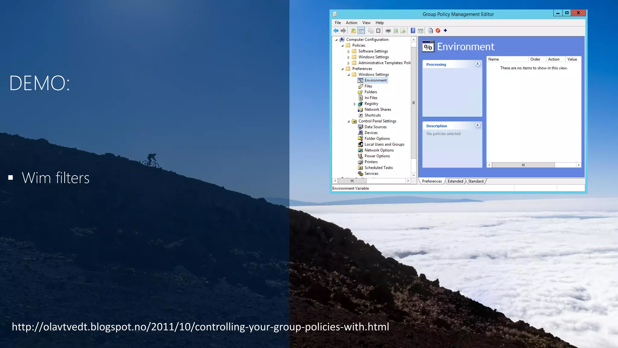  Wim filters
http://olavtvedt.blogspot.no/2011/10/controlling-your-group-policies-with.html
 