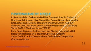 FUNCIONALIDAD DE BOSQUE
La Funcionalidad De Bosque Habilita Características En Todos Los
Dominios Del Bosque. Hay Disponibles Cuatro Niveles Funcionales
Del Bosque En El Sistema Operativo Windows Server 2008 R2:
Windows 2000, Windows Server 2003 (Predeterminado), Windows
Server 2008 Y Windows Server 2008 R2.
En La Tabla Siguiente Se Enumeran Los Niveles Funcionales Del
Bosque Disponibles En El Sistema Operativo Windows
Server 2008 R2 Y Sus Controladores De Dominio Compatibles
Correspondientes:
ADMINISTRADOR DE SERVIDORES I
13
 