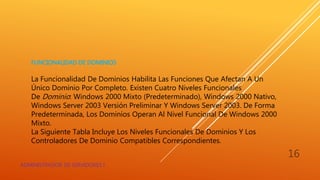 FUNCIONALIDAD DE DOMINIOS
La Funcionalidad De Dominios Habilita Las Funciones Que Afectan A Un
Único Dominio Por Completo. Existen Cuatro Niveles Funcionales
De Dominio: Windows 2000 Mixto (Predeterminado), Windows 2000 Nativo,
Windows Server 2003 Versión Preliminar Y Windows Server 2003. De Forma
Predeterminada, Los Dominios Operan Al Nivel Funcional De Windows 2000
Mixto.
La Siguiente Tabla Incluye Los Niveles Funcionales De Dominios Y Los
Controladores De Dominio Compatibles Correspondientes.
ADMINISTRADOR DE SERVIDORES I
16
 