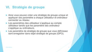 VI. Stratégie de groupe
 Ainsi vous pouvez créer une stratégie de groupe unique et
appliquer ses paramètre a chaque utilisateur et ordinateur
connecter au réseau
 Les paramètres des utilisateur s’applique au compte
utilisateur tandis que les paramètre des ordinateur
s’applique au ordinateurs.
 Les paramètre de stratégie de groupe que vous définissez
sont enregistrer dans objet stratégie de groupe (GPO).
Active directory 12
 