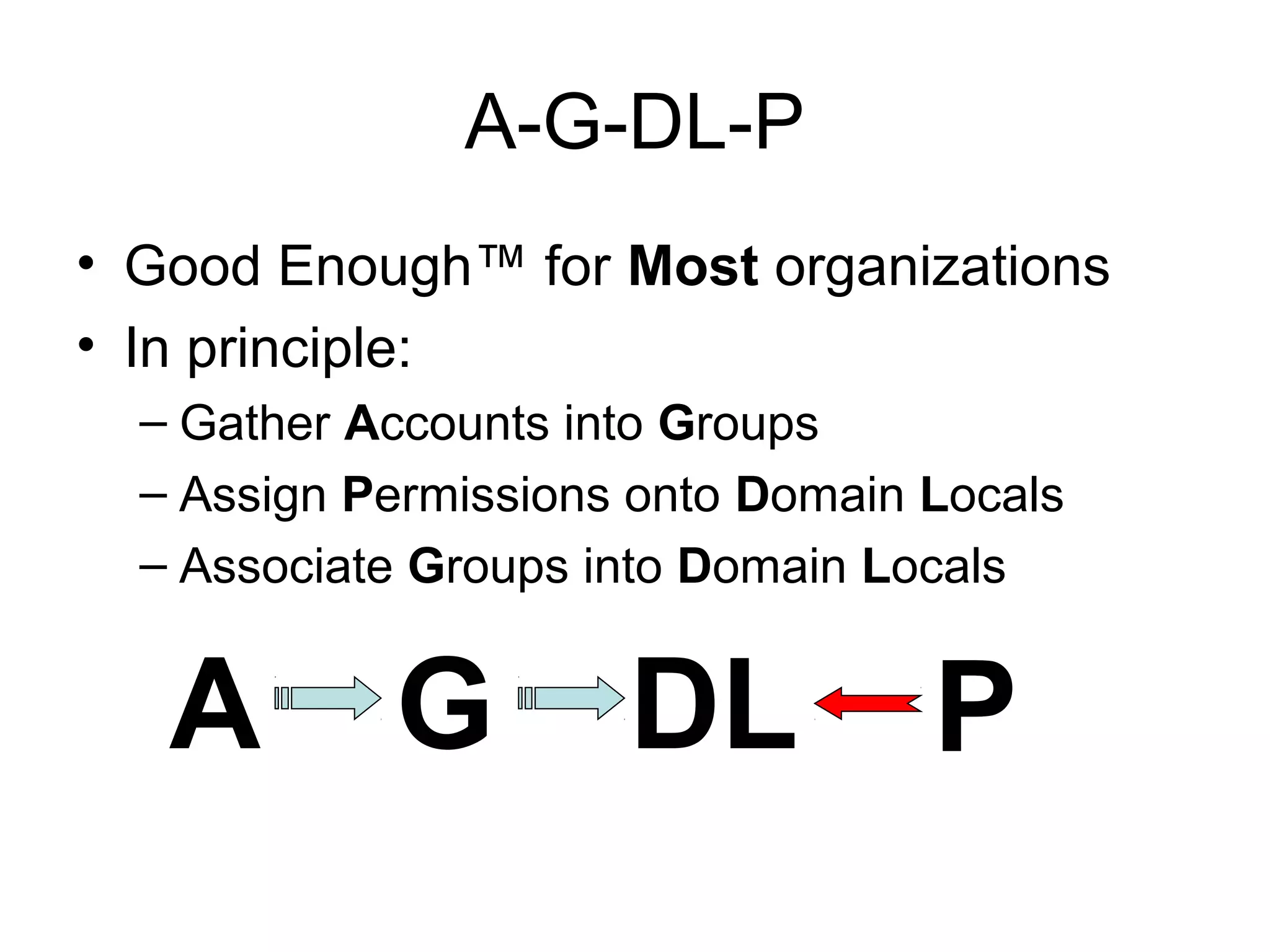 A-G-DL-P
• Good Enough™ for Most organizations
• In principle:
  – Gather Accounts into Groups
  – Assign Permissions onto Domain Locals
  – Associate Groups into Domain Locals


   A        G         DL           P
 