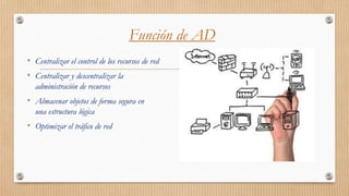 Función de AD
• Centralizar el control de los recursos de red
• Centralizar y descentralizar la
administración de recursos
• Almacenar objetos de forma segura en
una estructura lógica
• Optimizar el tráfico de red
 