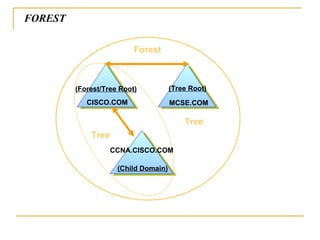 Tree Forest Tree FOREST (Forest/Tree Root) CISCO.COM MCSE.COM (Tree Root) CCNA.CISCO.COM (Child Domain) 
