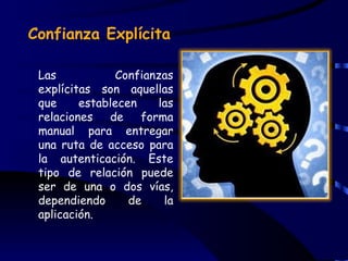 Confianza Explícita

 Las           Confianzas
 explícitas son aquellas
 que     establecen    las
 relaciones   de    forma
 manual para entregar
 una ruta de acceso para
 la autenticación. Este
 tipo de relación puede
 ser de una o dos vías,
 dependiendo      de    la
 aplicación.
 