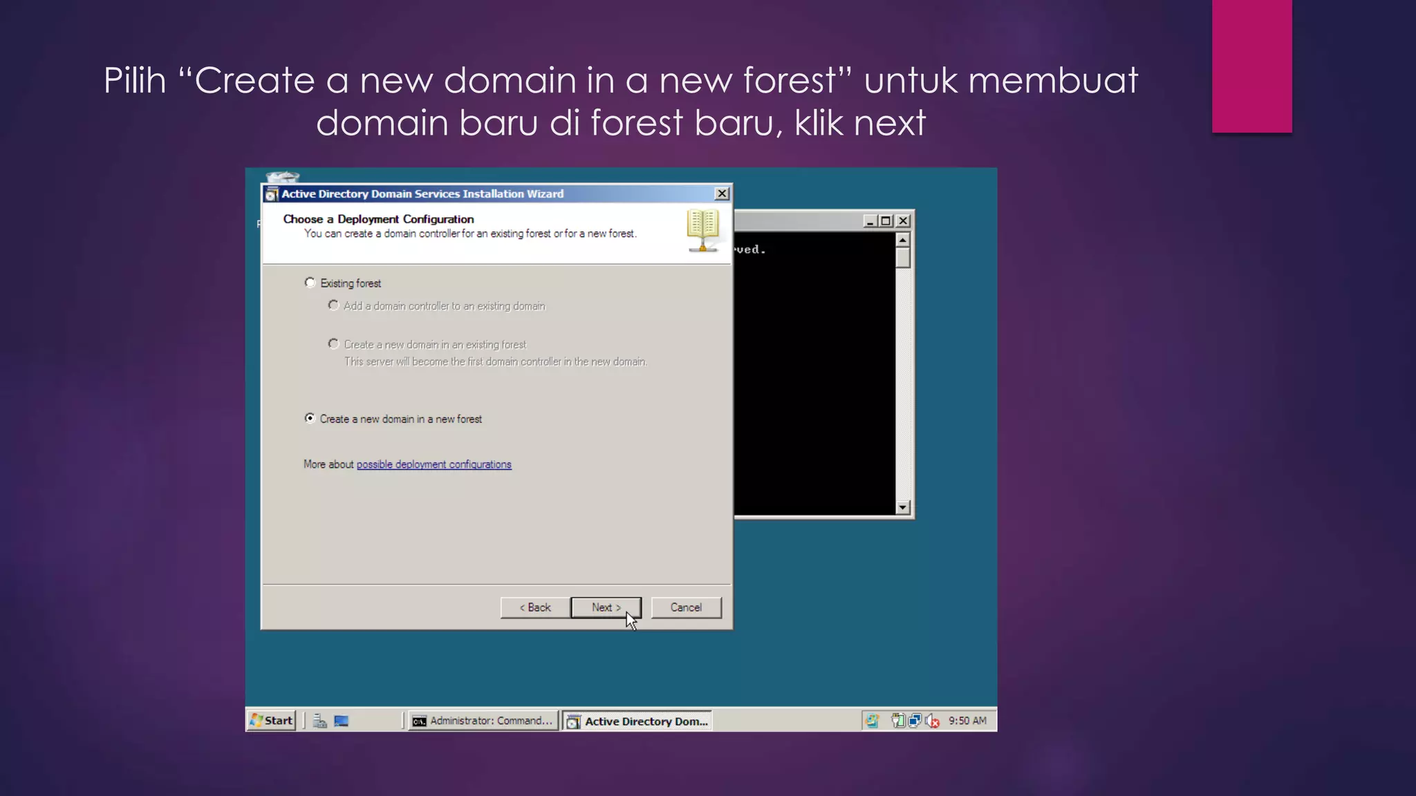 Pilih “Create a new domain in a new forest” untuk membuat
domain baru di forest baru, klik next
 