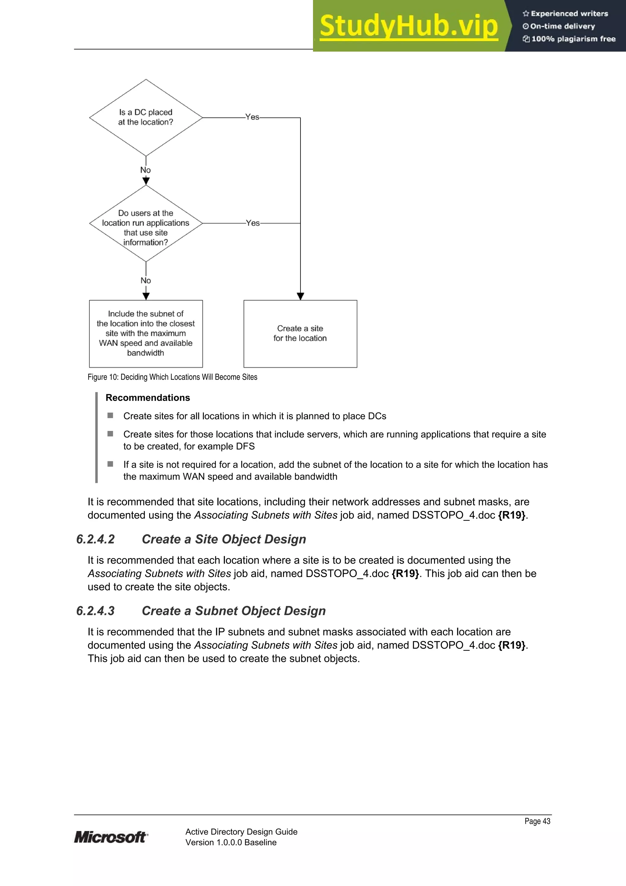 Prepared by Microsoft
Figure 10: Deciding Which Locations Will Become Sites
Recommendations
¹ Create sites for all locations in which it is planned to place DCs
¹ Create sites for those locations that include servers, which are running applications that require a site
to be created, for example DFS
¹ If a site is not required for a location, add the subnet of the location to a site for which the location has
the maximum WAN speed and available bandwidth
It is recommended that site locations, including their network addresses and subnet masks, are
documented using the Associating Subnets with Sites job aid, named DSSTOPO_4.doc {R19}.
6.2.4.2 Create a Site Object Design
It is recommended that each location where a site is to be created is documented using the
Associating Subnets with Sites job aid, named DSSTOPO_4.doc {R19}. This job aid can then be
used to create the site objects.
6.2.4.3 Create a Subnet Object Design
It is recommended that the IP subnets and subnet masks associated with each location are
documented using the Associating Subnets with Sites job aid, named DSSTOPO_4.doc {R19}.
This job aid can then be used to create the subnet objects.
Page 43
Active Directory Design Guide
Version 1.0.0.0 Baseline
 