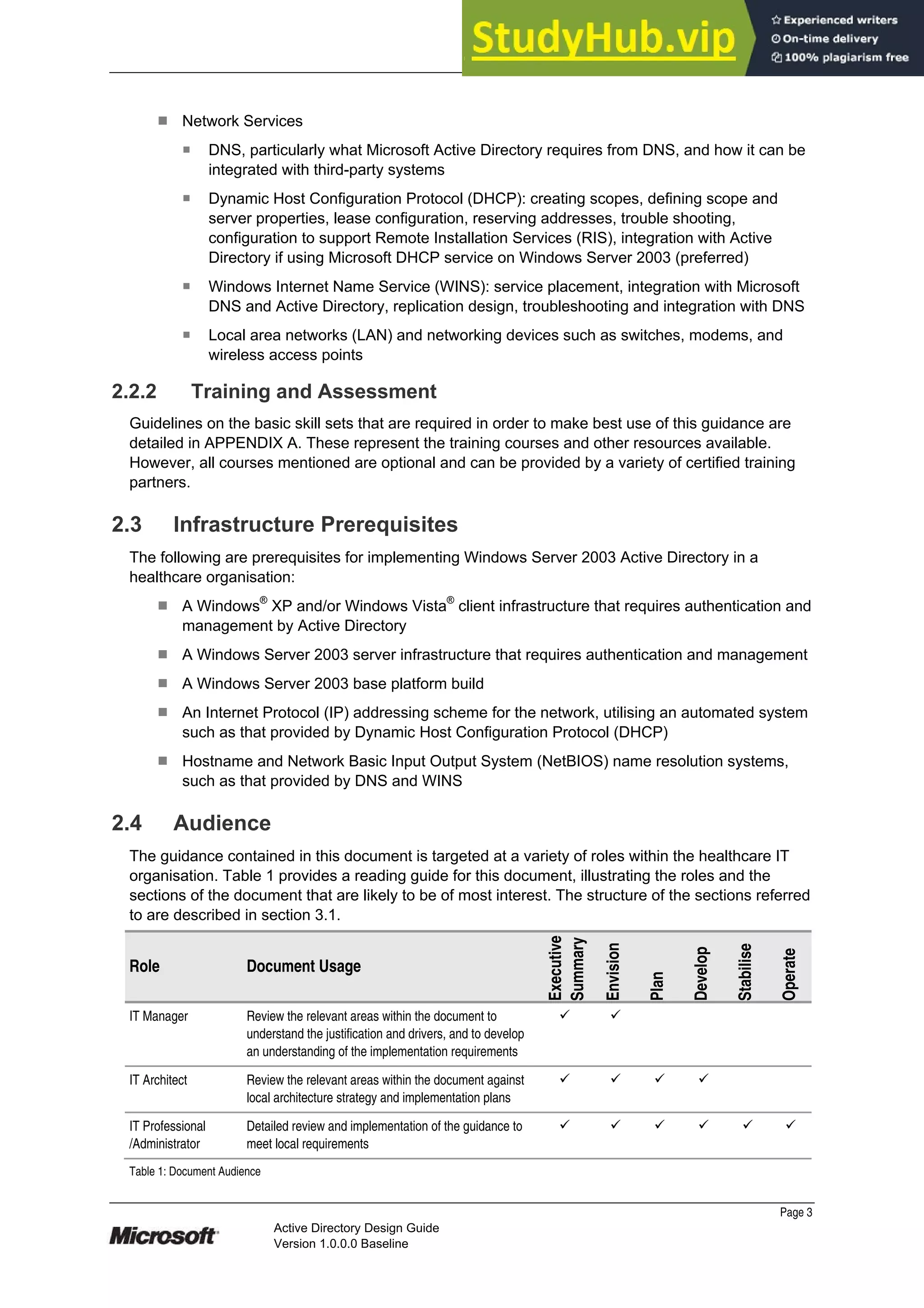 Prepared by Microsoft
¹ Network Services
̇ DNS, particularly what Microsoft Active Directory requires from DNS, and how it can be
integrated with third-party systems
̇ Dynamic Host Configuration Protocol (DHCP): creating scopes, defining scope and
server properties, lease configuration, reserving addresses, trouble shooting,
configuration to support Remote Installation Services (RIS), integration with Active
Directory if using Microsoft DHCP service on Windows Server 2003 (preferred)
̇ Windows Internet Name Service (WINS): service placement, integration with Microsoft
DNS and Active Directory, replication design, troubleshooting and integration with DNS
̇ Local area networks (LAN) and networking devices such as switches, modems, and
wireless access points
2.2.2 Training and Assessment
Guidelines on the basic skill sets that are required in order to make best use of this guidance are
detailed in APPENDIX A. These represent the training courses and other resources available.
However, all courses mentioned are optional and can be provided by a variety of certified training
partners.
2.3 Infrastructure Prerequisites
The following are prerequisites for implementing Windows Server 2003 Active Directory in a
healthcare organisation:
¹ A Windows®
XP and/or Windows Vista®
client infrastructure that requires authentication and
management by Active Directory
¹ A Windows Server 2003 server infrastructure that requires authentication and management
¹ A Windows Server 2003 base platform build
¹ An Internet Protocol (IP) addressing scheme for the network, utilising an automated system
such as that provided by Dynamic Host Configuration Protocol (DHCP)
¹ Hostname and Network Basic Input Output System (NetBIOS) name resolution systems,
such as that provided by DNS and WINS
2.4 Audience
The guidance contained in this document is targeted at a variety of roles within the healthcare IT
organisation. Table 1 provides a reading guide for this document, illustrating the roles and the
sections of the document that are likely to be of most interest. The structure of the sections referred
to are described in section 3.1.
Role Document Usage
Executive
Summary
Envision
Plan
Develop
Stabilise
Operate
IT Manager Review the relevant areas within the document to
understand the justification and drivers, and to develop
an understanding of the implementation requirements
X X
IT Architect Review the relevant areas within the document against
local architecture strategy and implementation plans
X X X X
IT Professional
/Administrator
Detailed review and implementation of the guidance to
meet local requirements
X X X X X X
Table 1: Document Audience
Page 3
Active Directory Design Guide
Version 1.0.0.0 Baseline
 