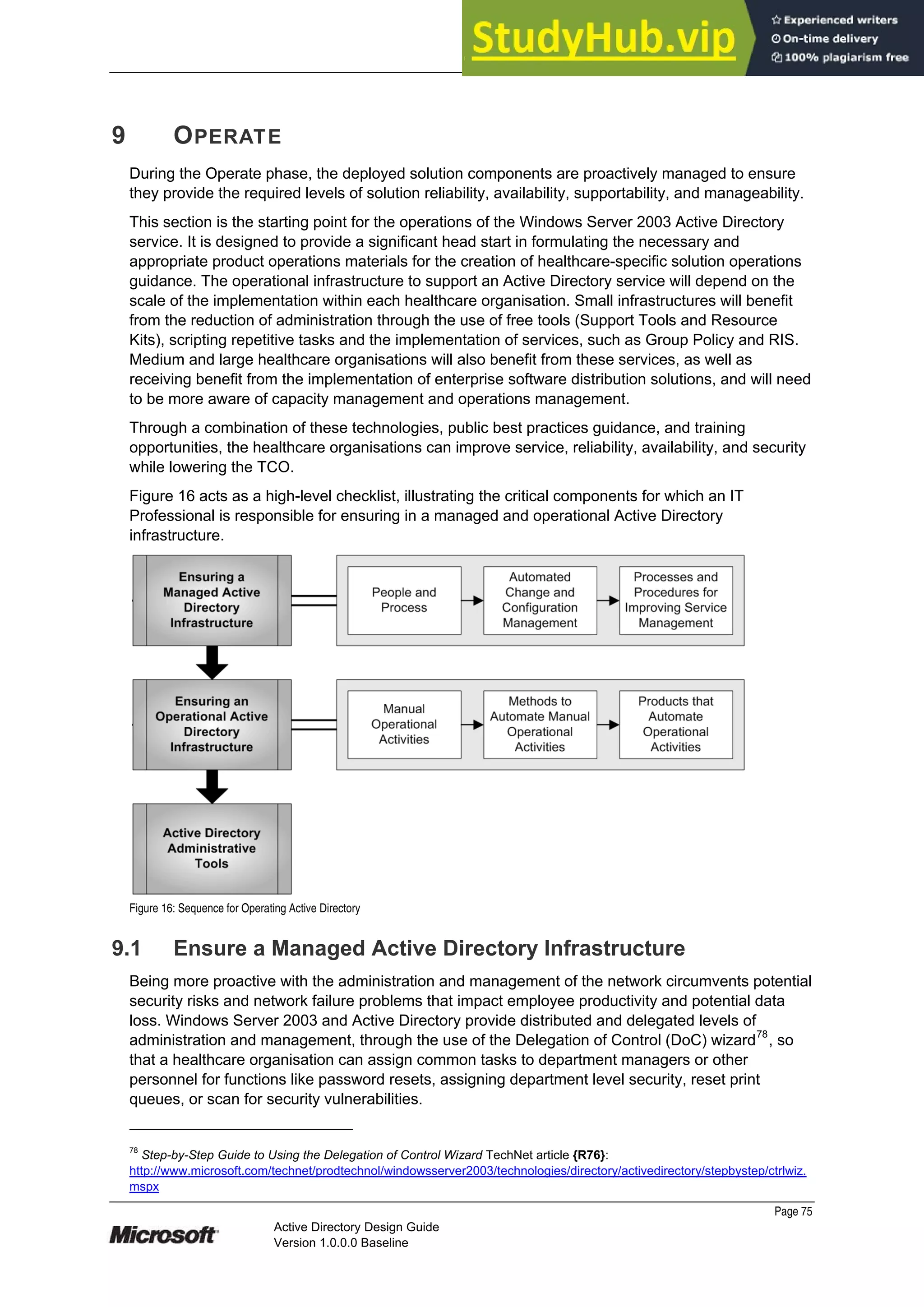 Prepared by Microsoft
Page 75
Active Directory Design Guide
Version 1.0.0.0 Baseline
9 OPERATE
During the Operate phase, the deployed solution components are proactively managed to ensure
they provide the required levels of solution reliability, availability, supportability, and manageability.
This section is the starting point for the operations of the Windows Server 2003 Active Directory
service. It is designed to provide a significant head start in formulating the necessary and
appropriate product operations materials for the creation of healthcare-specific solution operations
guidance. The operational infrastructure to support an Active Directory service will depend on the
scale of the implementation within each healthcare organisation. Small infrastructures will benefit
from the reduction of administration through the use of free tools (Support Tools and Resource
Kits), scripting repetitive tasks and the implementation of services, such as Group Policy and RIS.
Medium and large healthcare organisations will also benefit from these services, as well as
receiving benefit from the implementation of enterprise software distribution solutions, and will need
to be more aware of capacity management and operations management.
Through a combination of these technologies, public best practices guidance, and training
opportunities, the healthcare organisations can improve service, reliability, availability, and security
while lowering the TCO.
Figure 16 acts as a high-level checklist, illustrating the critical components for which an IT
Professional is responsible for ensuring in a managed and operational Active Directory
infrastructure.
Figure 16: Sequence for Operating Active Directory
9.1 Ensure a Managed Active Directory Infrastructure
Being more proactive with the administration and management of the network circumvents potential
security risks and network failure problems that impact employee productivity and potential data
loss. Windows Server 2003 and Active Directory provide distributed and delegated levels of
administration and management, through the use of the Delegation of Control (DoC) wizard78
, so
that a healthcare organisation can assign common tasks to department managers or other
personnel for functions like password resets, assigning department level security, reset print
queues, or scan for security vulnerabilities.
78
Step-by-Step Guide to Using the Delegation of Control Wizard TechNet article {R76}:
http://www.microsoft.com/technet/prodtechnol/windowsserver2003/technologies/directory/activedirectory/stepbystep/ctrlwiz.
mspx
 