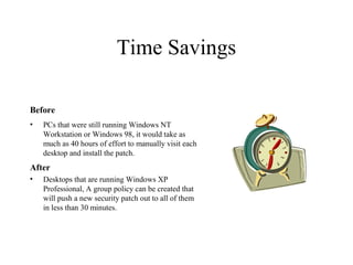 Time Savings
Before
•

PCs that were still running Windows NT
Workstation or Windows 98, it would take as
much as 40 hours of effort to manually visit each
desktop and install the patch.

After
•

Desktops that are running Windows XP
Professional, A group policy can be created that
will push a new security patch out to all of them
in less than 30 minutes.

 