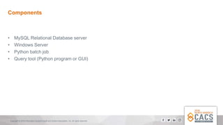 Copyright © 2018 Information Systems Audit and Control Association, Inc. All rights reserved.
Components
• MySQL Relational Database server
• Windows Server
• Python batch job
• Query tool (Python program or GUI)
 