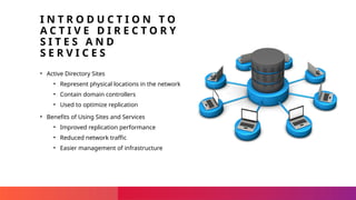 Sensitivity Label: General
I N T R O D U C T I O N T O
A C T I V E D I R E C T O R Y
S I T E S A N D
S E R V I C E S
• Active Directory Sites
• Represent physical locations in the network
• Contain domain controllers
• Used to optimize replication
• Benefits of Using Sites and Services
• Improved replication performance
• Reduced network traffic
• Easier management of infrastructure
 