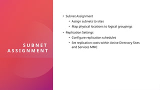 Sensitivity Label: General
S U B N E T
A S S I G N M E N T
• Subnet Assignment
• Assign subnets to sites
• Map physical locations to logical groupings
• Replication Settings
• Configure replication schedules
• Set replication costs within Active Directory Sites
and Services MMC
 