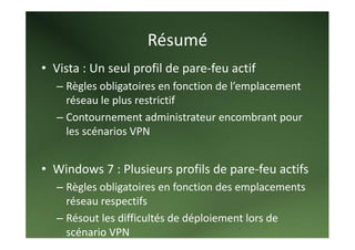 Résumé 
• Vista : Un seul profil de pare‐feu actif 
   – Règles obligatoires en fonction de l’emplacement 
     réseau le plus restrictif 
   – Contournement administrateur encombrant pour 
     les scénarios VPN 
   
• Windows 7 : Plusieurs profils de pare‐feu actifs 
   – Règles obligatoires en fonction des emplacements 
     réseau respectifs 
   – Résout les difficultés de déploiement lors de 
     scénario VPN
 