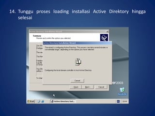 14. Tunggu proses loading installasi Active Direktory hingga
selesai.
 