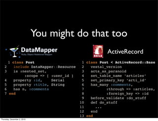 You might do that too
                                                   ActiveRecord
     1 class Post                       1 class Post < ActiveRecord::Base
   2    include DataMapper::Resource    2   vestal_version
   3    is :nested_set,                 3   acts_as_paranoid
             :scope => [ :user_id ]     4   set_table_name ‘articles’
   4    property :id,    Serial         5   set_primary_key ‘arti_id’
   5    property :title, String         6   has_many :comments,
   6    has n, :comments                7          :through => :articles,
   7 end                                8          :foreign_key => :id
                                        9   before_validate :do_stuff
                                       10   def do_stuff
                                       11     ...
                                       12   end
                                       13 end
Thursday, December 2, 2010
 