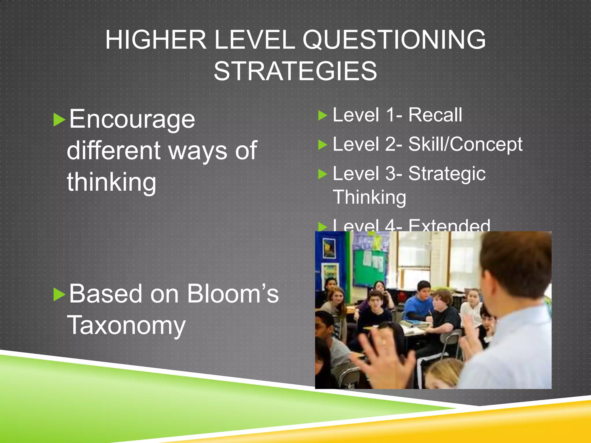 HIGHER LEVEL QUESTIONING
STRATEGIES
Encourage
different ways of
thinking
Based on Bloom’s
Taxonomy
 Level 1- Recall
 Level 2- Skill/Concept
 Level 3- Strategic
Thinking
 Level 4- Extended
Thinking
 