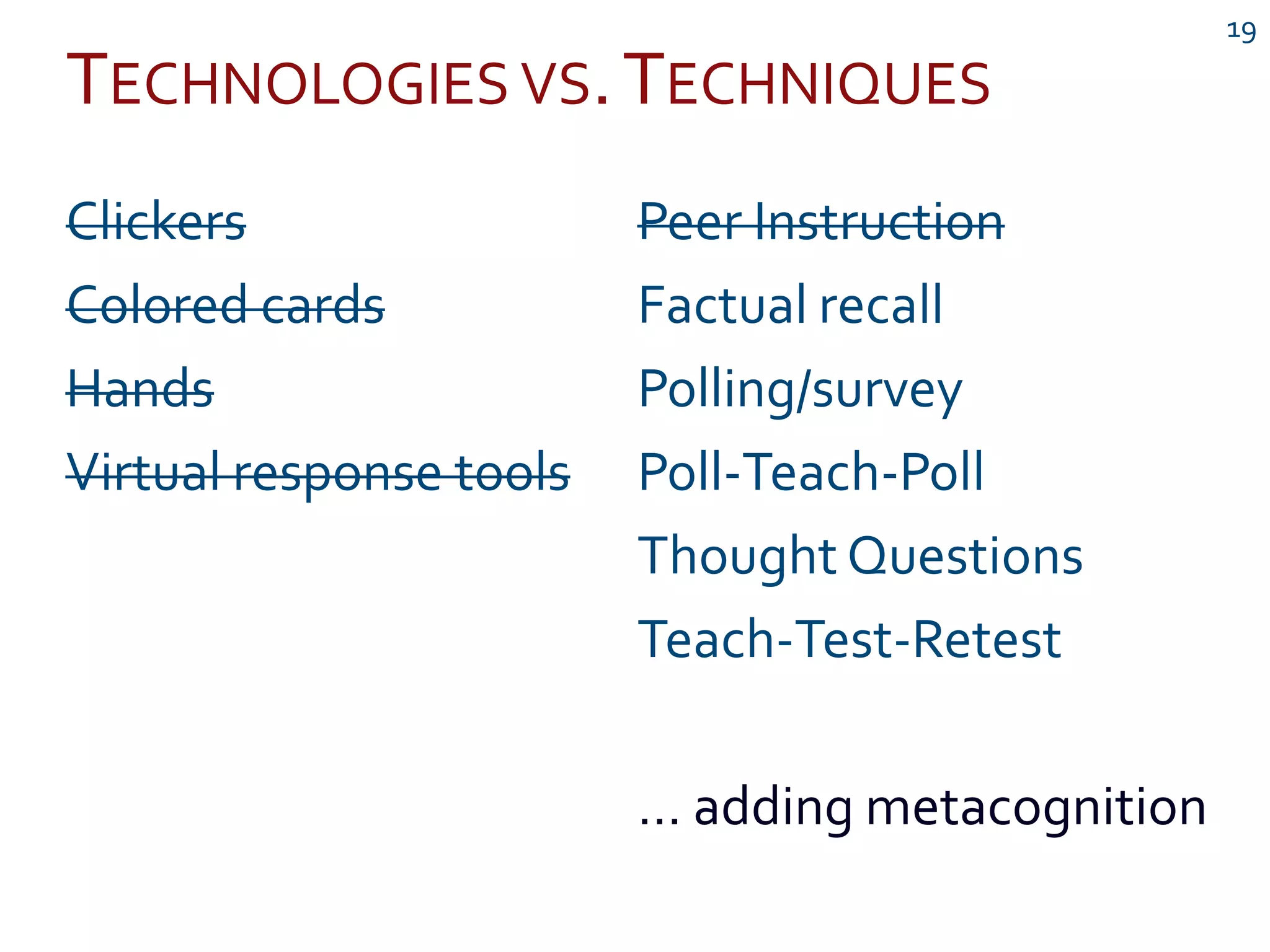 TECHNOLOGIES VS.TECHNIQUES
19
Clickers
Colored cards
Hands
Virtual response tools
Peer Instruction
Factual recall
Polling/survey
Poll-Teach-Poll
Thought Questions
Teach-Test-Retest
… adding metacognition
 