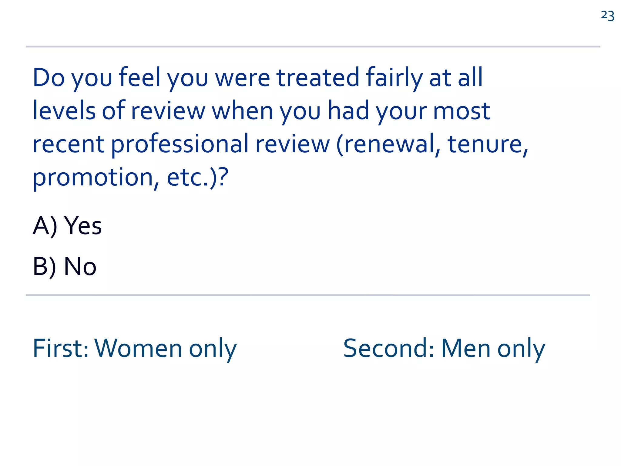 Do you feel you were treated fairly at all
levels of review when you had your most
recent professional review (renewal, tenure,
promotion, etc.)?
A) Yes
B) No
First:Women only Second: Men only
23
 
