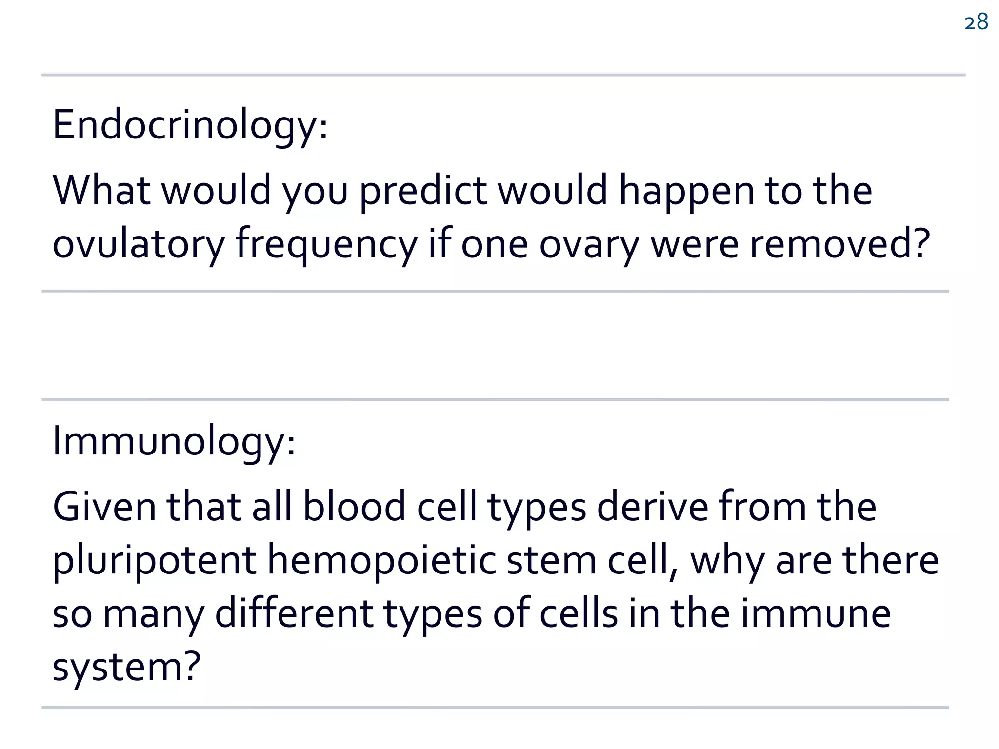Endocrinology:
What would you predict would happen to the
ovulatory frequency if one ovary were removed?
Immunology:
Given that all blood cell types derive from the
pluripotent hemopoietic stem cell, why are there
so many different types of cells in the immune
system?
28
 