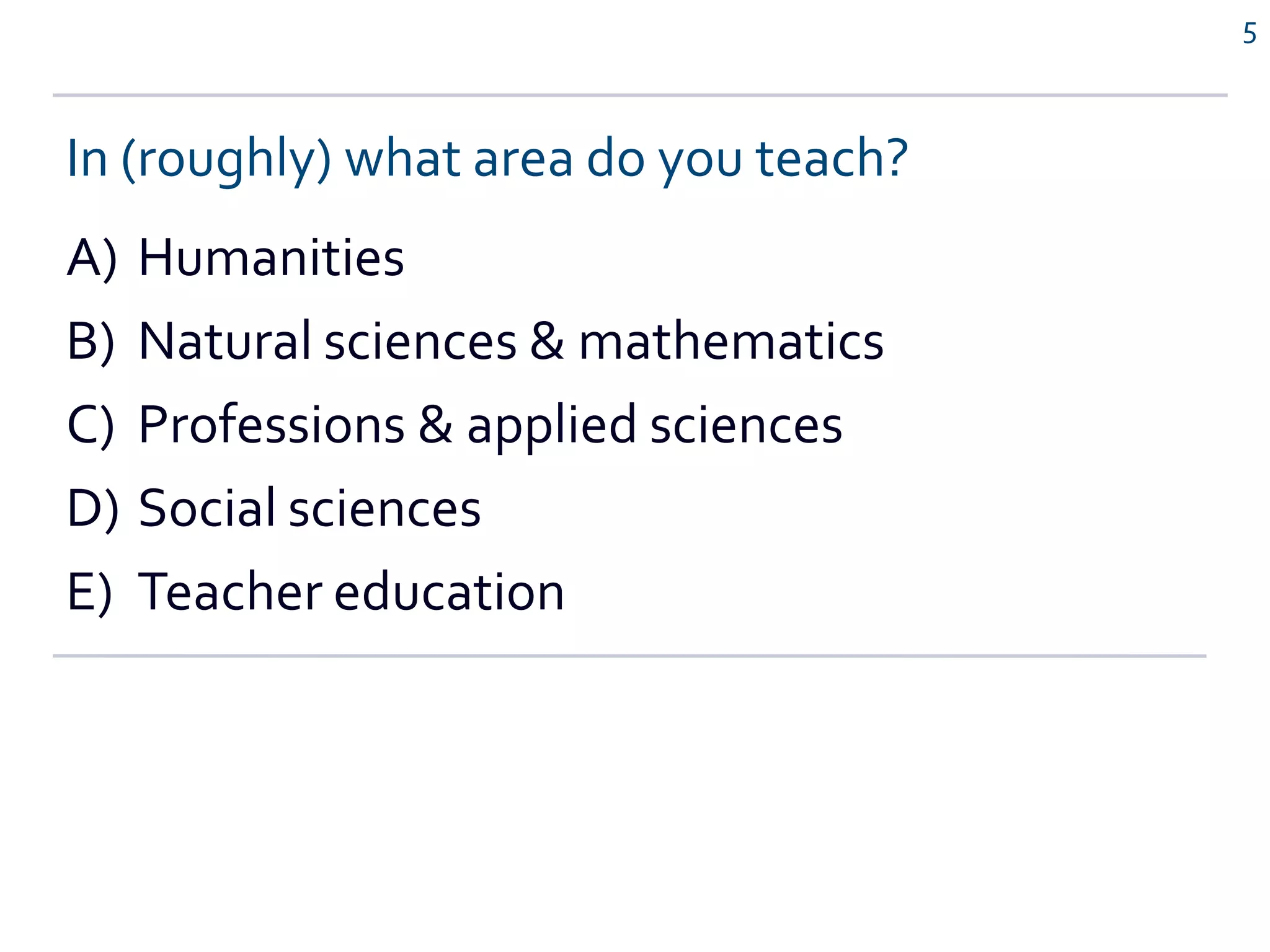 5
In (roughly) what area do you teach?
A) Humanities
B) Natural sciences & mathematics
C) Professions & applied sciences
D) Social sciences
E) Teacher education
 