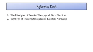 Reference Desk
1. The Principles of Exercise Therapy- M. Dena Gardiner
2. Textbook of Therapeutic Exercises- Lakshmi Narayana
 