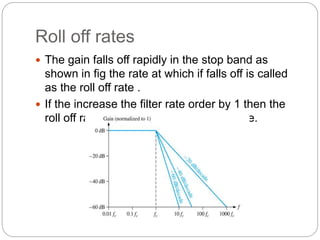 Roll off rates
 The gain falls off rapidly in the stop band as
shown in fig the rate at which if falls off is called
as the roll off rate .
 If the increase the filter rate order by 1 then the
roll off rate is increased by 20 dBdecade.
 