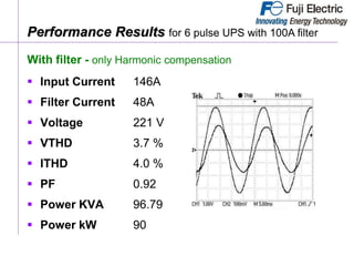 With filter - only Harmonic compensation
 Input Current 146A
 Filter Current 48A
 Voltage 221 V
 VTHD 3.7 %
 ITHD 4.0 %
 PF 0.92
 Power KVA 96.79
 Power kW 90
Performance Results for 6 pulse UPS with 100A filter
 