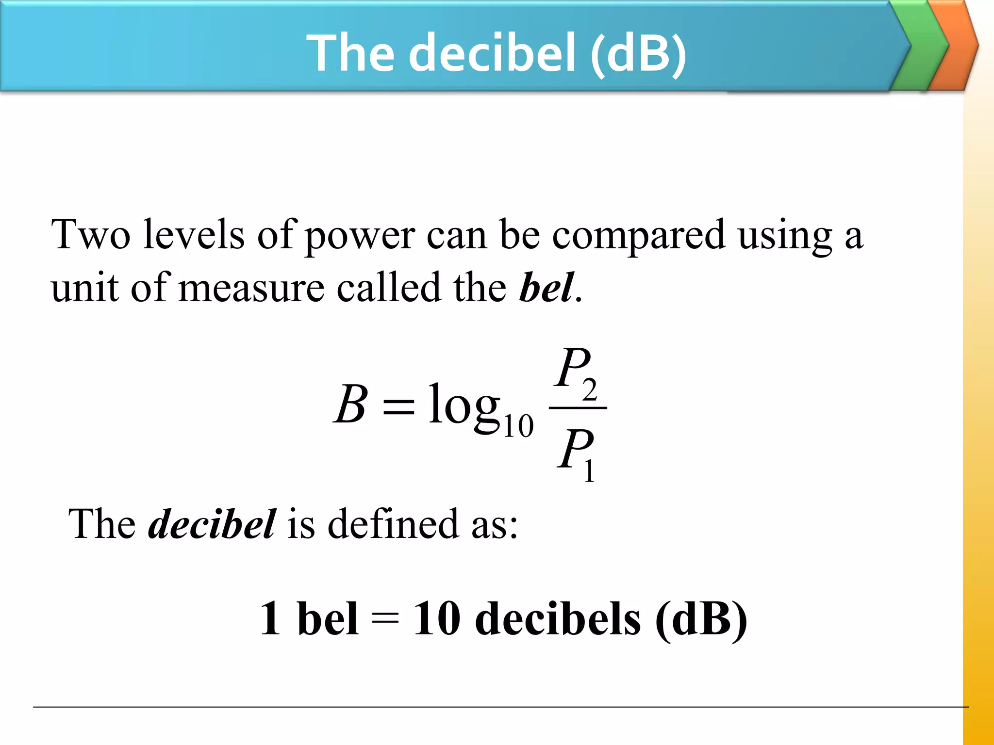 The decibel (dB)
Two levels of power can be compared using a
unit of measure called the bel.
The decibel is defined as:
1 bel = 10 decibels (dB)
1
2
10log
P
P
B =
 