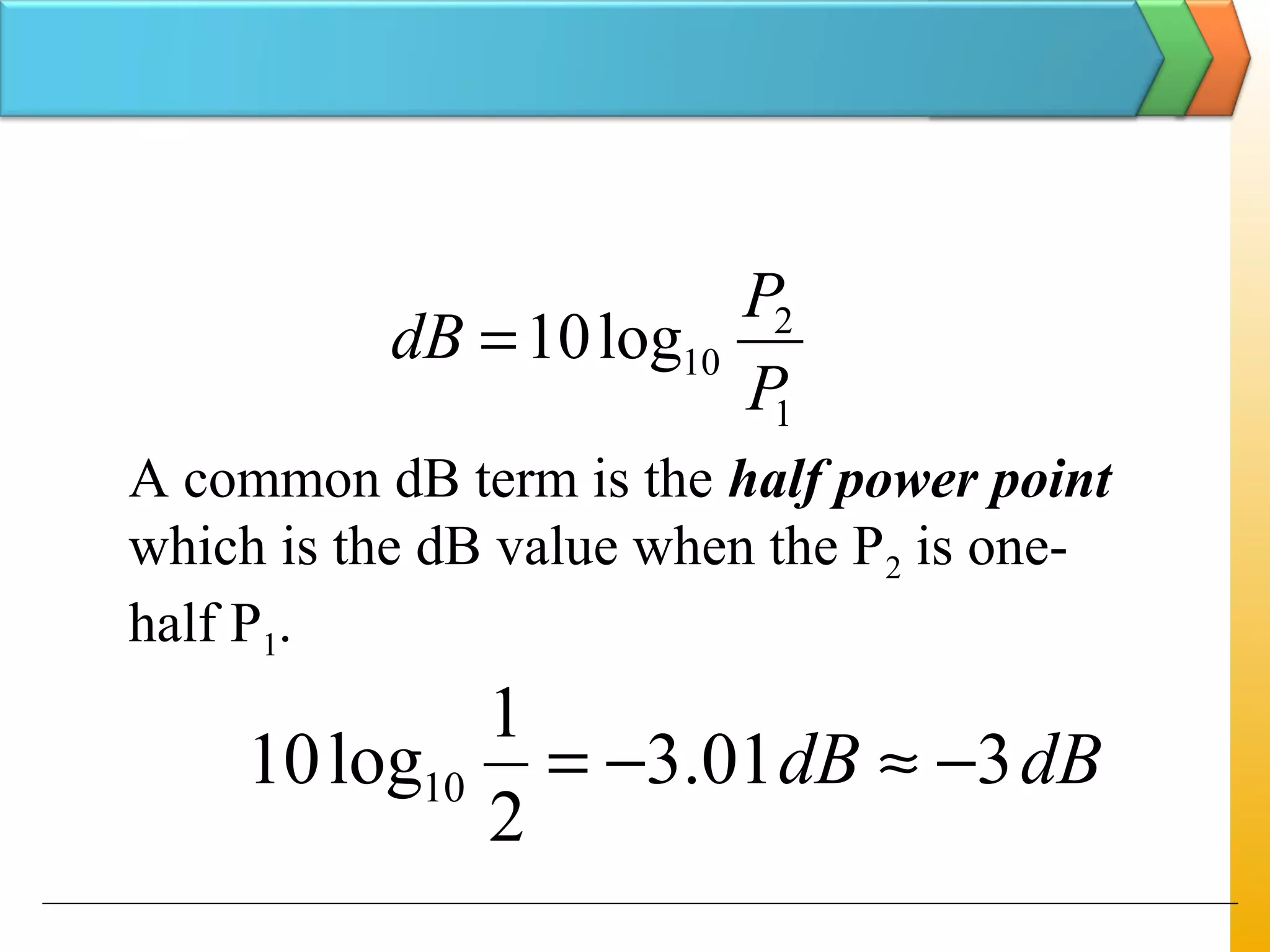 A common dB term is the half power point
which is the dB value when the P2 is one-
half P1.
1
2
10log10
P
P
dB =
dBdB 301.3
2
1
log10 10 −≈−=
 