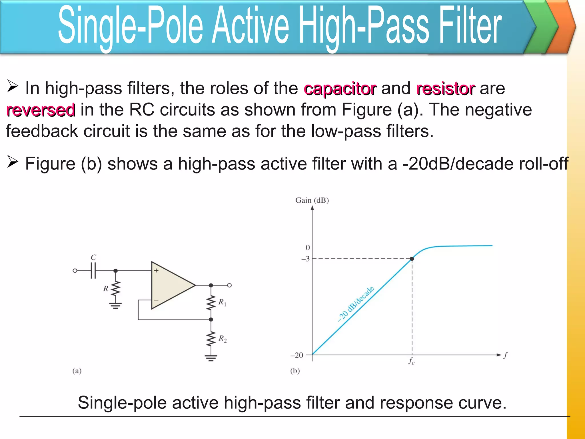  In high-pass filters, the roles of the capacitorcapacitor and resistorresistor are
reversedreversed in the RC circuits as shown from Figure (a). The negative
feedback circuit is the same as for the low-pass filters.
 Figure (b) shows a high-pass active filter with a -20dB/decade roll-off
Single-pole active high-pass filter and response curve.
 