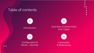 Table of contents
02
01
04
Overview of Active Filter
& its Types
Introduction
Configuration &
Merits – Demirits
03
Conclusion
& References
 