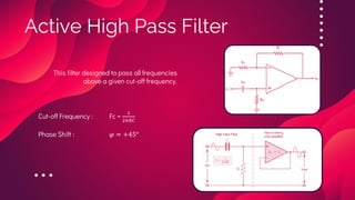 Active High Pass Filter
This filter designed to pass all frequencies
above a given cut-off frequency.
Cut-off Frequency : Fc =
1
2𝜋𝑅𝐶
Phase Shift : 𝜑 = +45°
 