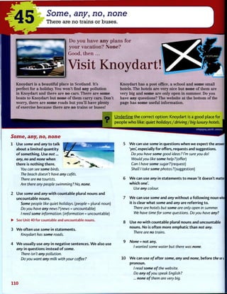 45
Some, any, no, none
There are no trains or buses.
Do you have any plans for
your vacation? None?
Good, then ...
V i s i t K n o y d a r t !
Knoydart is a beautiful place in Scotland. It's
perfect for a holiday. You won't find any pollution
in Knoydart and there are no cars. There are some
boats to Knoydart but none of them carry cars. Don't
worry, there are some roads but you'll have plenty
of exercise because there are no trains or buses!
Knoydart has a post office, a school and some small
hotels. The hotels are very nice but none of them are
very big and some are only open in summer. Do you
have any questions? The website at the bottom of the
page has some useful information.
U n d e r l i n e t h e c o r r e c t o p t i o n : K n o y d a r t is a g o o d place for
p e o p l e w h o like: quiet holidays/driving/big luxury hotels.
Some, any, no, none
1 Use some and any t o t a l k
about a l i m i t e d q u a n t i t y
o f something. Use not...
any, no and none w h e n
there is nothing t h e r e .
You can see some birds.
The beach doesn't have any cafes.
There are no tourists.
Are there any people swimming? No, none.
Use some and any w i t h countable plural nouns and
uncountable nouns.
Some people like quiet holidays, (people = plural noun)
Do you have any news?(news = uncountable)
/ need some information, (information = uncountable)
See Unit 40 for countable and uncountable nouns.
W e o f t e n use some in statements.
Knoydart has some roads.
W e usually use any in negative sentences. W e also use
any in questions instead o f some.
There isn't any pollution.
Do you want any milk with your coffee ? 10
sAep!]oi| iamb :J3MSUV
W e can use some in questions when we expect the answeij
'yes', especially for offers, requests and suggestions.
Do you have some good ideas? I'm sure you do!
Would you like some help? (offer)
Can I have some sugar?(request)
Shall I take some photos?(suggestion)
W e can use any in statements t o mean 'it doesn't matter|
w h i c h one'.
Use any colour.
W e can use some and any w i t h o u t a f o l l o w i n g noun whej
it is clear w h a t some and any are referring t o .
There are hotels but some are only open in summer.
We have time for some questions. Do you have any?
Use no w i t h countable plural nouns and uncountable
nouns. No is o f t e n more emphatic than not any.
There are no trains.
None = not any.
/ wanted some water but there was none.
W e can use o f after some, any and none, before the or a |
pronoun.
/ read some of the website.
Do any of you speak English?
... none of them are very big.
110
 