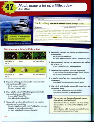 r
47 Much, many, a lot of, a little, a few
A lot of fun!
- o.-
D o t o u r i s t s at Port Stephens
• usually see d o l p h i n s ?
•u!i)d]op e aas },uop
not, ajai^M sduj Aueiu JOU aje ajam sax IJBMSU v
The Eco-Blog
Read what our eco-tourists say about travelling in Australia.
A lot of fun! by Kelly, 24t h
October
I ve been on dolphin-watching trips before and often you only get a little time with the dolphins
... but this was different. Port Stephens on the coast of New South Wales is the perfect place to
watch dolphins. I saw lots of dolphins jumping over the waves ... fantastic!
There are not many trips where you don't see a dolphin. But if you are unlucky and only see a
dolphin for a few moments, the captain will give you a free ticket for another trip.
And the best thing is - it doesn't cost much. What are you waiting for? Buy your ticket today!
Much, many, a lot of, a little, a few
many, a lot of,
lots o f
some not many, a f e w
m > ^ J 8 p
much, a lot of, some not much, a little
lots o f
Use much w i t h singular uncountable nouns and many
w i t h plural countable nouns.
We do not have much time.
There are not many trips.
Use a lot of or lots o f w i t h b o t h singular uncountable
nouns and plural countable nouns.
It was a lot of I lots of fun.
I saw a lot of I lots of dolphins.
W e use a lot of or lots of in statements and negative
sentences and in questions.
There is a lot of marine life in the Port Stephens bay area.
Not a lot of tourists know this place.
Are there a lot of different types of dolphin?
4 W e usually use much and many in negative sentences
and questions.
We do not have much time.
Are there many dolphins in the Port Stephens bay area?
5 W e don't usually use much in statements - w e prefer a
lot of or lots of
It was a lot of fun! N O T It was much fun!
6 W e sometimes use many in f o r m a l statements.
Scientists have discovered that many female dolphins
live in groups of six or eight animals.
7 A lot of or lots of are more c o m m o n in informal
statements.
/ saw lots of dolphins jumping over the waves.
8 Use a little w i t h singular uncountable nouns and a few
w i t h plural nouns.
You only get a little time with the dolphins.
You only see a dolphin for a few moments.
You can leave o u t t h e noun after much, many, a
little, a few, a lot of and lots of.
It doesn't cost much. (= It doesn't cost much money.)
How much time do we have? Only a little. (= Only a
little time.)
It doesn't cost a lot. (= It doesn't cost a lot o f money.)
How much money do we have?Lots!
114
 