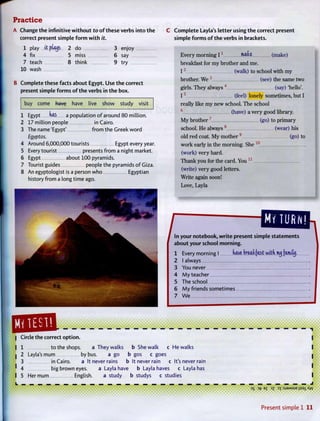 Practice
A Change the infinitive without to of these verbs into the
correct present simple form with it.
1 play it ptoijS 2 do
4 fix
7 teach
10 wash
5
8
miss
think
3
6
9
enjoy
say
try
B Complete these facts about Egypt. Use the correct
present simple forms ofthe verbs in the box.
buy come have have live show study visit
1 Egypt fi&5 a population of around 80 million.
2 17 million people in Cairo.
3 The name 'Egypt' from the Greek word
Egyptos.
4 Around 6,000,000 tourists Egypt every year.
5 Every tourist presents from a night market.
6 Egypt about 100 pyramids.
7 Tourist guides people the pyramids of Giza.
8 An egyptologist is a person who Egyptian
history from a long time ago.
C Complete Layla's letter using the correct present
simple forms of the verbs in brackets.
Every morning 1 1
Wiki (make)
breakfast for my brother and me.
I 2
(walk) to school with my
brother. We3
(see) the same two
girls. They always4
(say) 'hello'.
1 5
(feel) lonely sometimes, but I
really like my new school. The school
6
(have) a very good library.
My brother ' (go) to primary
school. He always8
(wear) his
old red coat. My mother9
(go) to
work early in the morning. She 1 0
(work) very hard.
Thank you for the card. You1 1
(write) very good letters.
Write again soon!
Love, Layla
about your school morning.
Every morning I (vave breakfast with ituj famitij.
I always
You never
My teacher
The school
My friends sometimes
We
1
2
3
4
5
6
7
| Circle the correct option.
I 1 to the shops. a They walks b She walk c He walks
2 Layla's mum by bus. a go b gos c goes
3 in Cairo. a It never rains b It never rain c It's never rain
4 big brown eyes. a Layla have b Layla haves c Layla has
5 Her mum English. a study b studys c studies
3C 3fc Bf 37 : T :SJBMSUE iisai Aw
Present simple 1 11
 