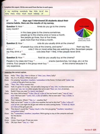 E Complete this report. W r i t e one w o r d f r o m the box in each space.
a any anything everybody f e w little lot o f lots
many many many much much nobody o f
Number of visits to
cinema every month
A 1
few d a y s a g o I i n t e r v i e w e d 25 s t u d e n t s a b o u t t h e i r
c i n e m a h a b i t s . H e r e a r e t h e r e s u l t s o f m y s u r v e y .
Q u e s t i o n 1 : H o w 2
times do you go to the cinema
every month?
in the class goes to the cinema sometimes.
people go to the cinema once or twice a month.
few people go three, four or five times.
goes more than five times a month.
Q u e s t i o n 2: H o w 7
cola do you usually drink at the cinema?
8
of people buy cola at the cinema, and s o m e 9
them say they
drink a 1 0
cola (1 litre or more) while they are watching a film. Seventeen people
say they drink a 1 1
cola (less than 1 litre). A few people never drink
1 2
cola.
Q u e s t i o n 3: H o w 1 3
food do you usually buy at the cinema?
People in my class don't buy 1 4
snacks (sandwiches, hot dogs, etc.) at the
cinema. Four people in the group never b u y 1 5
at the cinema because it is
very expensive.
F Underli
Alison:
Sally:
Alison:
Sally:
Alison:
Sally:
Alison:
Sally:
Alison:
Sally:
Alison:
Sally:
Alison
Sally
ne t h e correct o p t i o n .
Hello. x
That /This /Here is Alison. Is2
that/you/there, Sally?
Yes, it is. Hi, Alison. W h e r e are you?
I'm camping3
anywhere/nowhere/somewhere in the forest. I'm here w i t h 4
some/any
/a little o f the girls f r o m my class.
^That/This/Those sounds nice.
Yeah, it's great. It's so b i g - w e can walk a long way in ^any/this/no direction and we
never s e e 7
any/an/no other people. But we've seen %
that / an / lots of animals.
Really? Have you seen 9
a/much/any bears?
No, none. We've heard 10
a few/ few of/a few of, but we haven't seen 1 1
any of/any/
none. W e have seen 1 2
some/lots/a few of rabbits. We've even seen 13
any/a little/a
few snakes.
That's fantastic. What's 14
the/a/- weather like?
Well, we've had ^some/a/a few nice weather, but we've also had 1 6
a few/ a few of'/
a lot of rain. Last night we all got w e t while we were coming h o m e . 1 7
A little of/ Much
of/A few of the girls got sick.
That doesn't sound like 1 8
m a n y / m u c h / a fun. Are you going1 9
nowhere/anywhere/
everywhere today?
No,2 0
somewhere/nowhere/anywhere. We're going t o stay at the campsite and wait
for the doctor.
O h no.
Listen, I have t o go. I'll see you soon.
OK, bye. H a v e 1 1
any/a/-fun!
Review 9 125
 