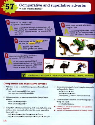 5 7
Comparative and superlative adverbs
Which will fall faster?
Which w i l l fall f a s t e r : a ball
' of paper or a ball of wood?
Many people think that light objects always fall
m o r e s l o w l y . But - remember Galileo - if t h e balls
are t h e same size they w i l l hit t h e ground a t t h e
same t i m e .
iQ In a storm w e see t h e lightning before
w e hear t h e t h u n d e r . Why?
Because light travels
m o r e q u i c k l y than sound.
Which runs most q u i c k l y : an ostrich,
an e m u or a 100-metre runner?
An ostrich runs most q u i c k l y a t
around 56 km an hour. An e m u runs a t
about 48 km an hour and a 100-metre
runner at about 32 km an hour.
Which jumps f u r t h e s t : a kangaroo,
a frog or a flea?
A kangaroo jumps f u r t h e s t - aboutfl
metres. But t h e flea jumps best. It J
jumps 200 times its own body length]
Kangaroo
Runner
V U n d e r l i n e t h e correct o p t i o n . A k a n g a r o o can j u m p 9 metres / 32 metres / 200 metres.
Comparative and superlative adverbs
1 A d d more or less t o m a k e t h e comparative f o r m o f most
adverbs.
Light travels more quickly than sound.
Light objects do not fall less quickly.
2 A d d most or least t o m a k e t h e superlative f o r m o f most
adverbs.
Which runs most quickly?
Which runs least quickly?
3 M a n y short adverbs, such as early, fast, hard, high, late, long
and soon have comparative f o r m s w i t h -er and superlative
forms w i t h -est.
early -> earlier -» earliest, fast -> faster -> fastest
early -> less early -» least early, fast •+ less fast least fast
4 Some c o m m o n adverbs have irregular comparative
and superlative f o r m s .
well-> better-* best
badly -> worse -> worst
far •+ farther / further -> farthest / furthest
5 U s e as + adverb + as w h e n t w o or more people or
things are equal.
/ work as hard as you.
• See Units 54 and 55 for comparative and superlative
forms of adjectives.
• See Unit 56 for more information on forming adverbs.
136
 