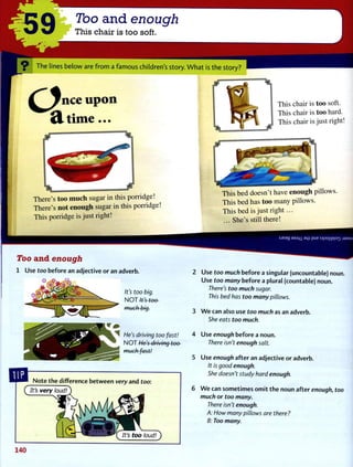 59 Too and enough
This chair is too soft.
O The lines below are from a famous children's story. W h a t is the story?
an e e u p o n
c i t i m e . . .
There's too much sugar in this porridge!
There's not enough sugar in this porridge!
This porridge is just right!
Too and enough
1 U s e too before an adjective or an adverb.
It's too big.
N O T It's too
much big.
^ He's driving too fast!
N O T He's driving too
much fast!
Note the difference b e t w e e n very and too:
f It's very I
It's too loud!)
This chair is too soft.
This chair is too hard.
This chair is just right!
This bed doesn't have enough pillows.
This bed has too many pillows.
This bed is just right ...
... She's still there!
sjEsg asjLjx puE s>|30|ip|03 :JSMSUV
2 U s e too much before a singular (uncountable) noun.
U s e too many before a plural (countable) noun.
There's too much sugar.
This bed has too many pillows.
3 W e can also use too much as an adverb.
She eats too much.
4 U s e enough before a noun.
There isn't enough salt.
5 U s e enough after an adjective or adverb.
It is good enough.
She doesn't study hard enough.
6 W e can s o m e t i m e s o m i t t h e noun after enough, too
much or too many.
There isn't enough.
A: How many pillows are there?
B: Too many.
140
 