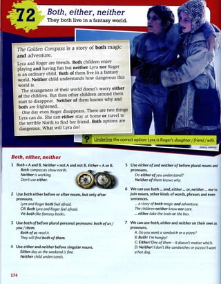 2 Both, either, neither
They both live in a fantasy world.
The Golden Compass is a story of both magic
and adventure.
Lyra and Roger are friends. Both children enjoy
playing and having fun but neither Lyra nor Roger
is an ordinary child. Both of them live i n a fantasy
world. Neither child understands how dangerous this
world is.
The strangeness of their world doesn't worry either
of the children. But then other children around them
start to disappear. Neither of them knows w h y and
both are frightened.
One day even Roger disappears. There are two things
Lyra can do. She can either stay at home or travel to
the terrible North to find her friend. Both options are
dangerous. What will Lyra do?
Underline the correct option: Lyra is Roger's daughter/friend/wife.
puauj : J 3 M S U V
Both, either, neither
1 Both = A and B. Neither = not A and not B. Either = A or B.
Both compasses show north.
Neither is working.
Don't use either.
2 Use both either before or after nouns, but only after
pronouns.
Lyra and Roger both feel afraid.
OR Both Lyra and Roger feel afraid.
We both like fantasy books.
3 Use both of before plural personal pronouns: both of us /
you/them.
Both of us read it.
They will find both of them.
4 Use either and neither before singular nouns.
Either day at the weekend is fine.
Neither child understands.
5 Use either of and neither of before plural nouns and
pronouns.
Do either of you understand?
Neither of them knows why.
6 We can use both... and, either... or, neither... nor to
join nouns, other kinds of words, phrases and even
sentences.
... a story of both magic and adventure.
The children neither know nor care.
... either take the train or the bus.
7 We can use both, either and neither on their own as
pronouns.
A: Do you want a sandwich or a pizza?
B: Both! I'm hungry!
C: Either! One of them - it doesn't matter which.
D: Neither! I don't like sandwiches or pizzas! I want
a hot dog.
174
 