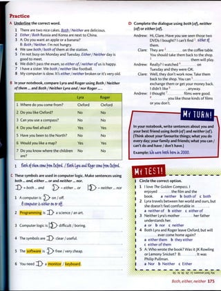 Practice
A Underline the correct word.
1 There are two nice cakes. Both /Neither are delicious.
2 Either/Both Russia and Korea are next to China.
3 A: Do you want an apple or a banana?
B: Both/Neither. I'm not hungry.
4 We saw both/both of them at the station.
5 I'm not busy on Monday and Tuesday. Either/Neither day is
good to meet.
6 We didn't pass the exam, so either of/neither of us is happy.
7 I have a sister. We both/neither like football.
8 My computer is slow. It's either/neither broken or it's very old.
B In your notebook, compare Lyra and Roger using Both/Neither
of them... and Both/Neither Lyra and/nor Roger....
Lyra Roger
1 Where do you come from? Oxford Oxford
2 Do you like Oxford? No No
3 Can you use a compass? No No
4 Do you feel afraid? Yes Yes
5 Have you been to the North? No No
6 Would you like a map? Yes Yes
7 Do you know where the children
are?
No No
1 SofcK. of them come from Oxford. / Soth Lyra and ftyer come from Oxford.
C These symbols are used in computer logic. Make sentences using
both... and, either... or and neither... nor.
= both... and = either... or J ] } " = n e
' t n e r
- n o r
1 A computer is J^)-on/off.
f) computer is either on or off.
2 Programming is J3" a science / an art.
3 Computer logic is difficult / boring.
4 The symbols are clear / useful.
5 The software is ~^)" free/very cheap.
6 You need lJ3" a monitor / keyboard.
Complete the dialogue using both (of), neither
(of) or either (of).
Andrew: Hi, Clare. Have you see seen those two
DVDs I bought? I can't find:
either of
them.
They are2
on the coffee table.
You should take them back to the shop.
3
them will play.
Really? I watched4
on
Tuesday and they were OK.
Well, they don't work now. Take them
back to the shop. You can5
exchange them or get your money back.
I didn't like6
, anyway.
Andrew: I thought7
films were good.
8
you like those kinds of films
or you don't.
Clare:
Andrew:
Clare:
/In your notebook, write sentences about you and
your best friend using both (of) and neither (of).
(Think about your favourite things; what you do
every day; your family and friends; what you can /
can't do and have / don't have.)
Example: (Oe were both born in, 2000,
i ••••
i
1
Circle the correct option.
1 I love The Golden Compass. I
enjoyed the film and the
book. a neither b both of c both
2 Lyra travels between her world and ours, but
she doesn't feel comfortable in
a neither of b either c either of
3 Neither Lyra's mother her father
understands her.
a or b nor c neither
4 Both Lyra and Roger leave Oxford, but will
ever come home again?
a either them b they either
c either of them
5 A: Who wrote the book? Was itJK Rowling
or Lemony Snicket? B: It was
Philip Pullman.
I a Nor b Neither c Either
qS 3fr q£ m 3T:sJ9Msuejjs3iAy/
• • • •
Both, either, neither 175
 