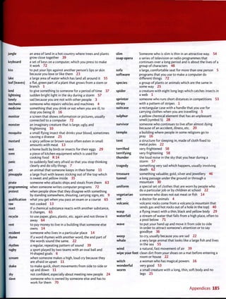 jungle an area of land in a hot country where trees and plants slim Someone who is slim is thin in an attractive way. 54
grow close together 39 soap opera a series of television or radio programmes that
keyboard a set of keys on a computer, which you press to make continues over a long period and is about the lives of a
it work 72 group of characters 48
kiss to put your lips against another person's lips or skin sofa a large, comfortable seat for more than one person 5
because you love or like them 23 software programs that you use to make a computer do
lake a large area of water which has land all around it 55 different things 72
leaf (leaves) a flat, green part of a plant that grows from a stem or species a group of plants or animals which are the same in
branch 1 some way 25
lend to give something to someone for a period of time 37 spider a creature with eight long legs which catches insects in
lightning sudden bright light in the sky during a storm 57 a web 1
lonely sad because you are not with other people 3 sprinter someone who runs short distances in competitions 53
mechanic someone who repairs vehicles and machines 4 stripy with a pattern of stripes 1
medicine something that you drink or eat when you are ill, to suitcase a rectangular case with a handle that you use for
stop you being ill 16 carrying clothes when you are travelling 5
monitor a screen that shows information or pictures, usually sulphur a yellow chemical element that has an unpleasant
connected to a computer 72 smell (symbol S) 28
monster an imaginary creature that is large, ugly, and survivor someone who continues to live after almost dying
frightening 10 because of an accident, illness, etc. 20
mosquito a small flying insect that drinks your blood, sometimes temple a building where people in some religions go to
causing a disease 25 pray 16
mustard a spicy yellow or brown sauce often eaten in small tent a structure for sleeping in, made of cloth fixed to
amounts with meat 13 metal poles 22
nest a home built by birds or insects for their eggs 29 terrified very frightened 58
oven a piece of kitchen equipment which is used for terrifying very frightening 58
cooking food R14 thunder the loud noise in the sky that you hear during a
panic to suddenly feel very afraid so that you stop thinking storm 57
clearly and do silly things 7 tragedy something very sad which happens, usually involving
pet an animal that someone keeps in their home 11 death 62
pineapple a large fruit with leaves sticking out of the top which treasure something valuable; gold, silver and jewellery 46
is sweet and yellow inside 35 tunnel a long passage under the ground or through a
pirate someone who attacks ships and steals from them 63 mountain 30
programming when someone writes computer programs 72 uniform a special set of clothes that are worn by people who
protest when people show that they disagree with something do a particular job or by children at school 22protest
by standing somewhere, shouting, carrying signs, etc 9 vegetarian someone who does not eat meat or fish 14
qualification what you get when you pass an exam or a course 65 vet a doctor for animals 4
raw not cooked 13 volcanic volcanic rocks come from a volcano (a mountain that
react If a chemical substance reacts with another substance, sends gas and hot rocks out of a hole in the top) 40
it changes. 65 wasp a flying insect with a thin, black and yellow body 29
recycle to use paper, glass, plastic, etc. again and not throw it waterfall a stream of water that falls from a high place, often torecycle
away 64 a pool below 71
rent to pay money to live in a building that someone else wave to put your hand up and move it from side to side
owns 14 in order to attract someone's attention or to say
resident someone who lives in a particular place 14 goodbye 36
rhyme If a word rhymes with another word, the end part of weep to cry, usually because you are sad 22rhyme
the words sound the same. 22 whale a very large animal that looks like a large fish and lives
rhythm a regular, repeating pattern of sound 39
wind
in the sea 55
rugby a sport played by two teams with an oval ball and wind a natural, fast movement of air 39rugby
H-shaped goals 6 wipe your feet clean dirt from your shoes on a mat before entering a
scream when someone makes a high, loud cry because they room or house 22
are afraid or upset 11 witch a woman who has magical powers 16
shake to make quick, short movements from side to side or wonderful very good 53
up and down 11 worm a small creature with a long, thin, soft body and no
shy not confident, especially about meeting new people 24 legs 25
slave someone who is owned by someone else and has to
work for them 70
Appendices 185
 