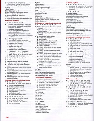 C 3 going to win 4 going to study
5 going to have / having 6 going to finish
7 going to write 8 going to take/taking
My Turn!
Possible answers
2 He is fs) going to buy it.
3 I am ('m) going to arrange private lessons.
4 You are (Ve) going to be a doctor.
5 Sally is fs) going to get a better job.
6 They are fre) going to move to the country.
7 You are fre) going to give (him) the money (to him).
R4 Review: the future
A 2h 3b 4f 5a 6d 7c 8g
B 1 Will your sister want to come... ?; Will they
arrive on time?; Yes, she will.; I think it'll be
really good.; No, it won't.
2 Shall we go dancing tonight?
3 Are you meeting Rachel tonight?; Is Dan
cooking dinner tonight?
4 Is the train going to be late?; Are you both
going to watch the tennis match?; I'm going to
stay at home.
C 3 Are we going to be late?
4 Will I need my passport at the hotel?
5 Susan isn't going to the party, so I won't go.
6 You won't enjoy this book.
7 Is it going to snow tonight?
8 Are you going to be sick?
9 Will your parents be angry?
10 We aren't going to win the match.
D 2 I'm going to 3 I'll 4 I'm going to
5 I'm going to 6 won't 7 I'll
8 are all going to 9 I'll 10 Are you going
11 I'm going to 12 I'm going to
E 3a 4b 5a 6b 7b 8a 9b 10a
F Possible answers
2 It will not (won't) be very cold next week.
3 I am fm) going to the cinema tonight.
4 I am fm) not going to go to the cinema next
week.
5 My favourite football team is playing a match
this weekend.
6 My favourite football team is not (isn't) going to
win the cup this year.
7 We are fre) going to a hot country on holiday
next week.
8 We are fre) going to go to a hot country on
holiday this summer.
20 Modal verbs: can, could, be able to
A 2 can't 3 were not able to
4 were able to 5 could 6 will be able to
B 2 I couldn't remember her name.
3 The child wasn't able to stand.
4 Can we meet at 7?
5 He couldn't answer the question.
6 I can't play tennis.
7 Can she drive a truck?
8 My friends weren't able to come.
C 2c 3d 4a 5b 6c 7c 8d
D 2 Can ... speak 3 will be able to have
4 can ... imagine 5 can't see
6 Could ... understand 7 could hear
8 won't be able to come
My Turn!
Possible answers
When I was four,
I couldn't stand on my head.
I could touch my toes with my nose.
Now,
I can speak English.
I can stand on my head.
I can't drive.
In the future,
I will be able to run 10 kilometres.
I won't be able to touch my toes with my nose.
I will be able to drive.
21 Modals for requests: can, could, may
A 2d 3f 4i 5a 6b 7g 8e 9c
B 2 (Please) Can / Could / May I speak to Sarah
(please)?
3 (Please) Can / Could / May we come home late
tonight (please)?
4 (Please) Can / Could / May I ride your bike
(please)?
C 2 May I use your mobile (phone)?
3 Could / Can you help me?
4 May I come in?
5 Could / Can we meet after school?
6 Could/Can you bring your CD?
7 Could / Can you close the window?
8 Could / Can we start?
D 2 Could / Can you (please) buy me a new bike
(please)?
3 Could / Can / May I (please) visit London
(please)?
4 Could / Can you (please) translate this email
from my friend in Mongolia (please)?
5 Could / Can you (please) do my Geography
homework (please)?
6 Could / Can you (please) send my sister a
birthday present (please)?
7 Could / Can / May I (please) go into space
(please)?
8 Could / Can / May I (please) be in the next
Spider-Man film (please)?
My Turn!
Possible answers
Could I be President for a day, please?
Please could you lend me 200 euros?
Can I have my own room, please?
22 Must, have to and can't
A All answers: have to / don't have to
B 2 You mustn't/can't talk on your mobile phone.
3 You mustn't / can't ride your bike here.
4 Cars must drive under 60 km per hour.
5 You mustn't / can't drink the water.
6 You must be quiet here.
C Possible answer
I must...
buy a new bag
and talk to my dad
and eat chips.
I must not...
buy my dad
or talk to chips
or eat a new bag.
My Turn!
Possible answers
I have to pay in advance.
I have to bring a tent.
I mustn't make a lot of noise.
I mustn't have parties.
I don't have to arrive early.
23 Should, ought to
A 2g 3h 4a 5d 6e 7b 8f
B 2 should buy 3 should meet 4 should open
5 should say 6 should kiss 7 should eat
8 should give
C 2b 3c 4a 5c 6b
D Possible answers
You should play loud music too!
You should borrow a dress from your sister.
You should ask him what he wants.
You should go home.
You shouldn't worry about it.
You should find a good manager.
You ought to do what she says.
My Turn!
Possible answers
Tourists shouldn't stay in expensive hotels.
People should always say'Please'and'Thank you'.
You ought to travel on our beautiful trams.
You shouldn't go out after 22.00.
Tourists shouldn't forget to bring sun cream.
24 Modals of possibility: may, might
A 2e 3h 4g 5a 6d 7f 8c
B 3 might / may get lost
4 may / might run away.
5 might not / may not / mightn't find the Yeti.
6 might not / may not / mightn't have enough
food.
7 might / may follow
8 might not / may not / mightn't attack
9 may / might write a book
10 might not / may not / mightn't survive!
C 2 might / may need 3 might not / may not have
4 might not / may not work
5 might / may see/find 6 might/may be
7 might not / may not like
8 might not / may not see/find
9 might / may write 10 might/may be
My Turn!
Possible answers
2 It might be burnt. 3 The dog may be lost.
4 Your neighbour might have an important
message for you.
5 The other person may not speak English.
6 It might be your imagination.
7 He may not like opera.
8 She might be on holiday.
R5 Review: modals
A 2 could 3 have 4 May /Can / Could
5 ought/have 6 might / may/could
7 can 8 Should 9 can / may 10 have
11 Could / Can 12 mustn't
B b 2 e l l d 4 e9 f l g l 2 h3 ilO
j 8 k5 16
C 2 can 3 will be able to 4 had to
5 must / have to 6 will have to
7 could / couldn't; couldn't/could
8 can; can't 9 will be able to; won't be able to
10 didn't have to; had to
11 have to; don't have to
12 won't have to; won't have to; will have to
D 2 might know 3 be able to play
4 May I open 5 has to be 6 Could you wait
7 may not be 8 don't have to wear
E 2a 3c 4b 5a 6c
190
 
