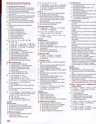 R6 Review: questions and answers
A 2b 3d 4g 5a 6e 7c 8f 9j lOi
B (Possible answers in brackets)
1 What kind of music do you like? (I love hip hop.)
2 Who wrote your favourite book? (J. K. Rowling)
3 How old are your parents? (40 and 42)
4 Whose computer do you use? (I use my computer
or my mum's.)
5 What are your friends like? (They are (Ve) very nice.)
6 How many countries have you visited? (I have /
've visited / been to five countries.)
7 What colour are your eyes? (They are (Ve) blue.)
8 How often do you play computer games? (Every
day)
9 How long does it take to get to school? (20
minutes)
C 2 don't you; I don't; So do I
3 did you; I did; Neither did I
4 can you; I can; Neither can I
5 haven't you; I haven't; So have I
6 do you; I do; Neither do I
7 isn't she; she isn't; So is
8 hasn't he; he hasn't; So has
D 21 3f 4j 5c 6i 7g 8m 9d 10k
l l h 12b 13e
E 2 What... like 3 How often 4 What kind
5 How many 6 Whose coffee 7 How much
8 Which one 9 How long 10 What time
F 2 What does he love?
3 Whose computer did he open?
4 Was she angry? 5 Why was she angry?
6 Where did he put his first game?
7 How many games has he written?
8 Who wrote to him last week?
9 Which game did the man like?
10 Where is he going (to go) next week?
33 Have and have got
A 3 I do not (don't) have blue eyes.
4 We have a piano. 5 She has blue eyes.
6 She does not (doesn't) have a cold.
7 He does not (doesn't) have a sister.
8 He has a piano.
9 They do not (don't) have a dog.
10 They do not (don't) have a cold.
B 3 have / have got 4 have
5 Do crocodiles have 6 have
7 have / have got 8 had 9 had
10 didn't have 11 Do you have / Have you got
C 2 has/has got 3 did not (didn't) have
4 have / have got
5 does not (doesn't) have / has not (hasn't) got
6 had
7 do not (don't) have / have not (haven't) got
8 has / has got
D 4 has / has fs) got 5 have / have got 6 had
7 does not (doesn't) have / has not (hasn't) got
8 have 9 Does ... have / Has ... got
10 had 11 have
12 did not (didn't) have; have
13 Does... have / Has... got; does / has
My Turn!
Possible answers
2 Do you have a favourite crocodile?
3 Has your farm got any unusual crocodiles?
4 Will your TV show have any famous stars?
5 Can I have your autograph?
34 Make, do and get
A do: an exam, exercise, homework, a job, the
shopping, the washing
make: a dress, a paper plane, a salad
B 2a 3e 4g 5h 6c 7d 8f
C 2 getting better 3 get angry 4 getting late
5 get any text messages 6 getting married
7 get older 8 get; some milk 9 got lost
10 got up; got dressed
My Turn!
2 Do you get / make a pizza or do the shopping?
3 Do you get up early or get up late?
4 Do you make him a snack or make him some
lunch? / Do you make a snack for him or make
some lunch for him? / Do you make a snack or
make some lunch?
5 Do you get the bus or get to school late?
6 Do you get a job or do nothing?
35 Prepositional verbs
A 2 came across 3 consists of 4 Look after
5 suffer from 6 depend on
B 2 on 3 for 4 about 5 for 6 for
7 about 8 from 9 to 10 about
C 2 believe 3 look 4 Get 5 Look 6 go
7 come 8 depend
My Turn!
Possible answers
3 What are/were you listening to?
4 What are/were you laughing at?
5 What are you looking at?
6 What do they talk about? / What are / were they
talking about?
7 Who does (this coat) belong to?
8 Who paid /'s paying for the meal?
36 Phrasal verbs
A 2 find out 3 got back 4 lay down
5 woke up 6 Hurry up 7 takeoff
8 break down.
B Possible answers
2 Take off your sunglasses. / Take your sunglasses
off.
3 People should pick up their rubbish / pick their
rubbish up when they go home.
4 Turn on the lights! / Turn the lights on!
5 I need to charge up my phone / charge my phone
up first.
6 Turn up the music / the volume! / Turn the music /
the volume up!
7 The policeman told off the children. / The
policeman told the children off.
8 When you sit in a car, you need to put on your
seat belt / put your seat belt on.
9 I've locked the door and thrown away the key /
thrown the key away.
C 2 put it on 3 Look it up! 4 turn it down
5 tell her off 6 Throw them away
7 turn it off 8 give it up
My Turn!
Possible answers
2 I'd like it to wake me up.
3 I'd like it to turn on the TV.
4 I'd like it to take off my shoes.
5 I'd like it to find out the answers to my homework.
37 Verbs with two objects
A 2 Do you get your sister a new phone?
3 Do you phone or send him a text message?
4 Do you offer the old woman your seat?
5 Do you make your family lunch?
6 Do you tell her the problem?
7 Does your dad give you driving lessons?
B Possible answers
2 He is lending the woman his jacket. / He is
lending her hisjacket.
3 He is making his children a cake. / He is
making them a cake.
4 She is giving her husband some flowers. / She
is giving him some flowers.
5 She is throwing the boy the frisbee. / She is
throwing him the frisbee.
6 He is buying his children some balloons. / He
is buying them some balloons.
C Possible answers
The woman made me / her / the boy a cup of tea
/ a present.
The woman made a cup of tea / a present for me
/ him / the boy.
I made her / the boy / the woman a cup of tea /
a present.
I made a cup of tea / a present for her/the boy /
the woman
The boy sold me / her / the woman a cup of tea /
a new bike.
The boy sold a cup of tea /a new bike to me / her
/ the woman.
I sold her / the boy / the woman a cup of tea / a
new bike.
I sold a cup of tea /a new bike to her / the boy /
the woman.
The woman gave me / her / the boy a cup of tea /
a new bike / a present / a message.
The woman gave a cup of tea / a new bike / a
present / a message to me / her / the boy.
I gave her / the boy / the woman a cup of tea / a
new bike / a present / a message.
I gave a cup of tea / a new bike / a present / a
message to her / the boy / the woman.
The boy sent me / her / the woman a message.
The boy sent a message to me / her / the woman.
I sent her / the boy / the woman a message.
I sent a message to her / the boy / the woman.
My Turn!
Possible answers
2 Read them a story. / Read a story to them.
3 Give him some money. / Give some money to
him.
4 Make him a sandwich. / Make a sandwich for him.
5 Bring me a drink. / Bring a drink to me.
6 Tell him / her / your friend the answer. (This is the
most usual form with tell.)
7 Lend him / her / your friend your mobile phone. /
Lend your mobile phone to him / her / your friend.
38 Verb + -ing or verb + to-infinitive; like
and would like
A 2 to have 3 opening 4 being 5 to listen
6 to change 7 to go / going 8 to take
9 eating 10 painting
B 2 I like playing tennis.
3 I would fd) like to be a chef.
4 Would you like to see my paintings?
5 We like going / to go to the theatre.
6 Would you like a drink?
C 2 doing 3 to have 4 to make 5 watching
6 creating 7 to be 8 to understand
9 to see 10 to show
D 2 to buy 3 to learn 4 to teach
5 to study/studying 6 listening 7 spending
8 writing 9 to get 10 to hear
192
 